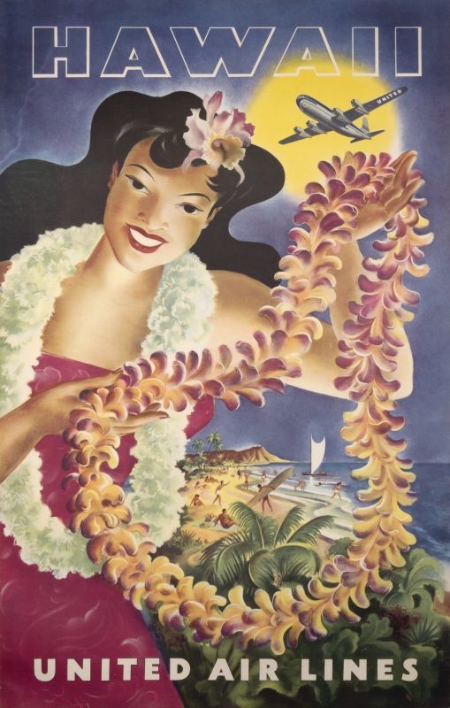 Hawaiian woman holds up Lei, beachside scene, with sun and plane; pink, blue, red, orange,  yellow, green