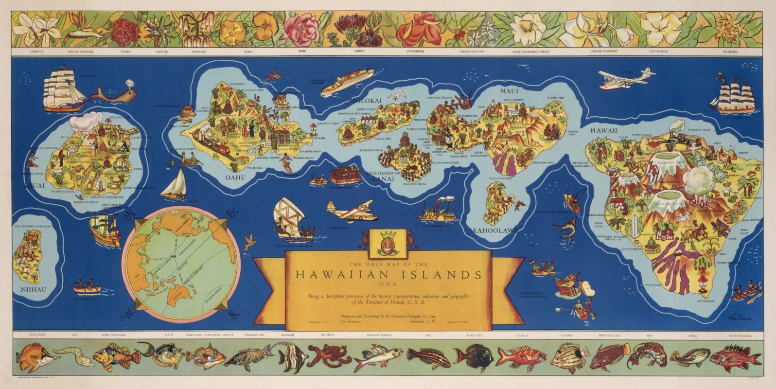 Map of Hawaiian Islands, borders with fish, wildlife, flowers, fruit, vignettes of Hawaiians; blue, khaki, green