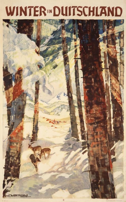 Deer in forest with town in distance; brown, orange, blue, green