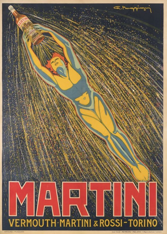Naked man zooms though air with bottle; red, yellow, black