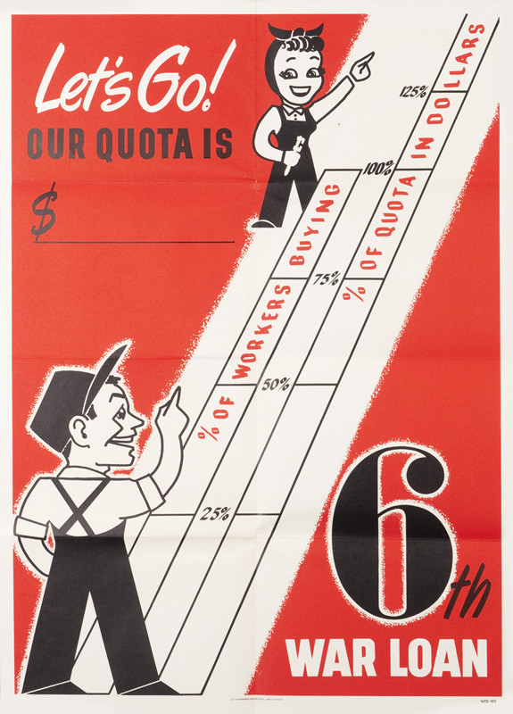 male and female (Rosie the Riveter) worker point at graph; red, black, white