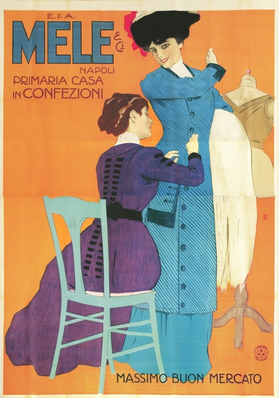 Woman with seamstress making alterations; orange blue