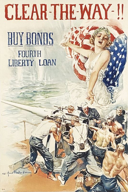 Lady Liberty draped in flag urges on Navy sailors shooting cannon; blue, red, white