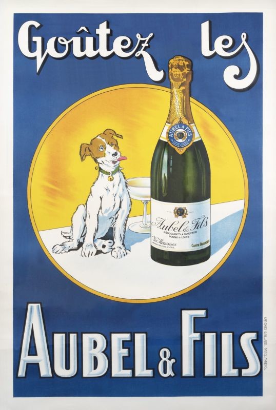 Inebriated dog admires bottle of Champagne; blue, gold