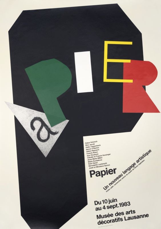 Collage of letters; red, green, black