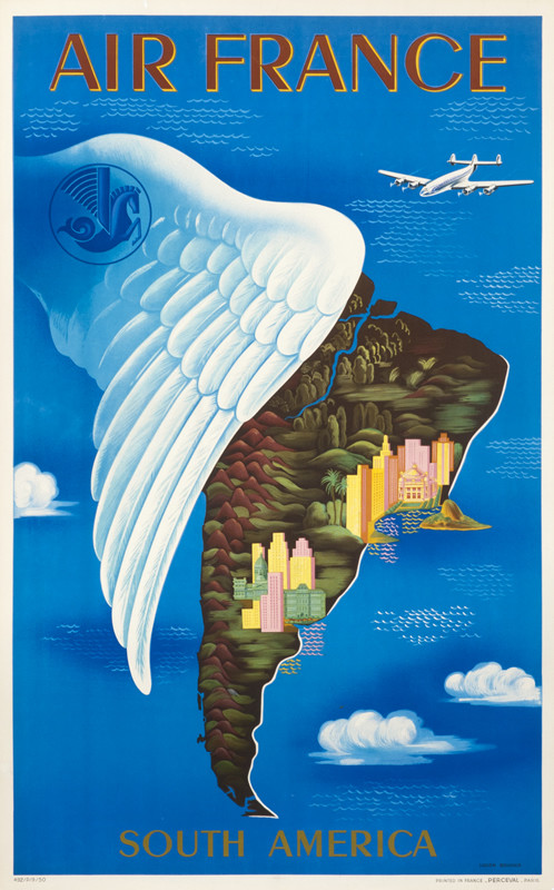 Map of South America, wing of bird, Air France logo, airplane; blue, red, white, green