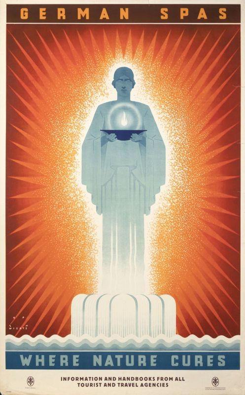 Orange glow radiates from robed figure on flowing water; orange, blue