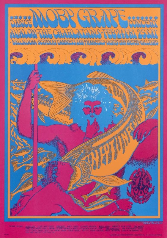 Psychedelic image of poseidon with fish and nude woman, The Charlatans, Moby Grape; pink, orange, blue, neon