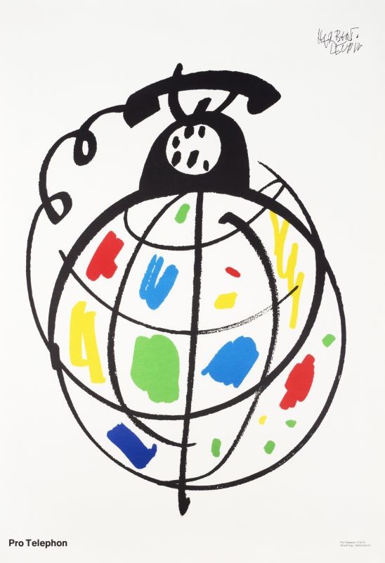 cartoonish telephone on top of a globe; black, red, green, yellow, blue