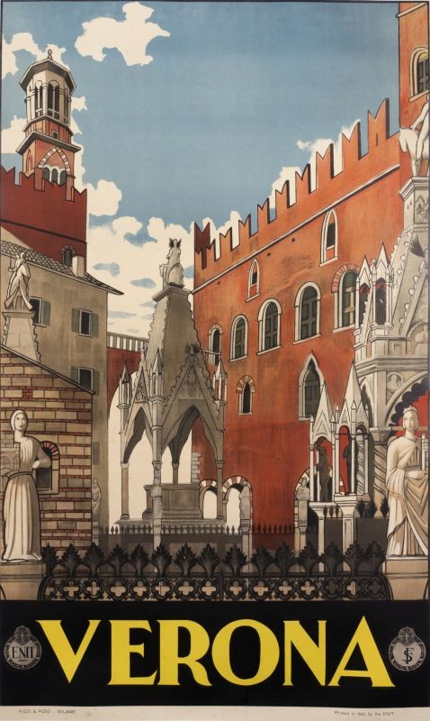 Verona town hall and cemetary with sculptured tombs; blue, brown, black, yellow