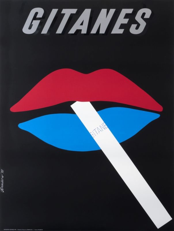 Lips as solid graphic forms in red and blue, with cigarette hanging diagonally; red, blue, black, grey, white