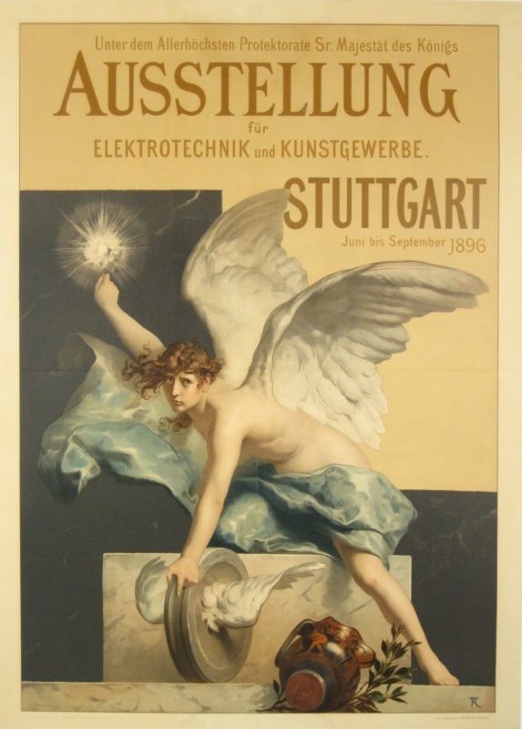 winged angel holds orb of light and winged wheel; yellow, white, blue
