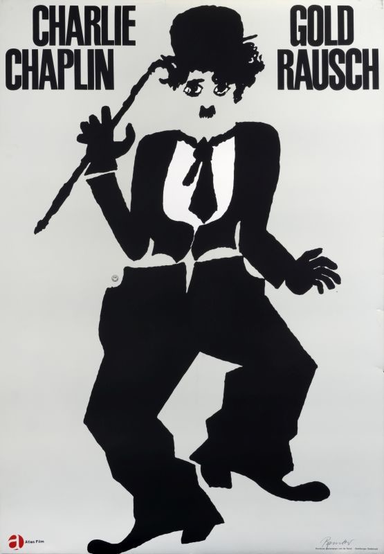 Charlie Chaplin in characteristic pose; black, white, grey