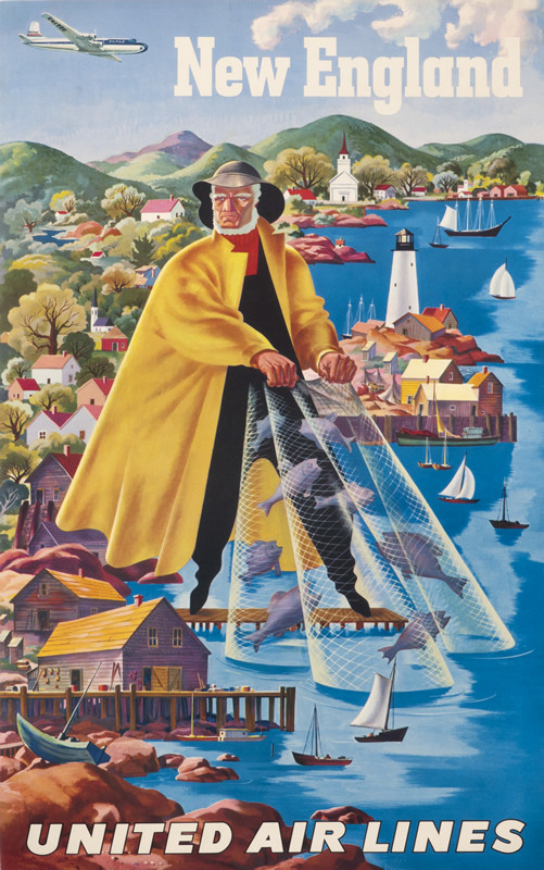 Charming New England fishing village, fisherman with net; yellow, blue, green