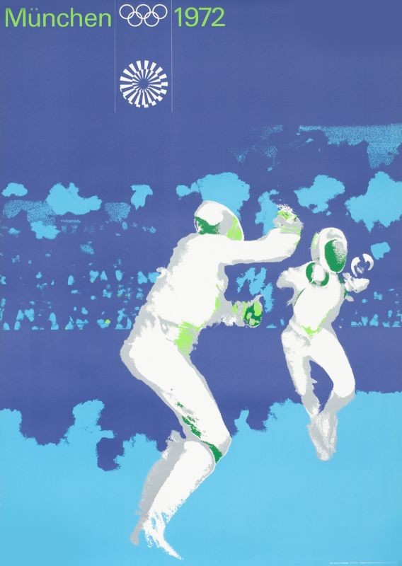 Men fencing; purple, blue