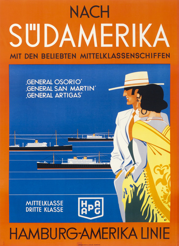 Elegant couple view ships at sea; blue, orange, yellow, red