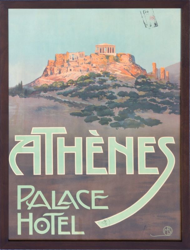 View of Acropolis; blue, green, beige, yellow
