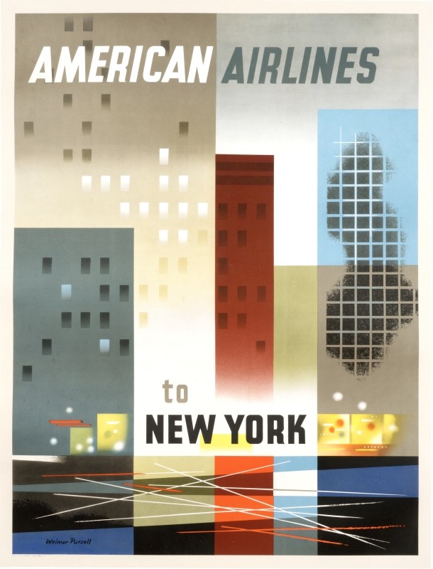 Abstract cityscape; red, blue, black, gray