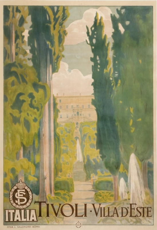 View of Ville d'Este from hill; green, white, blue