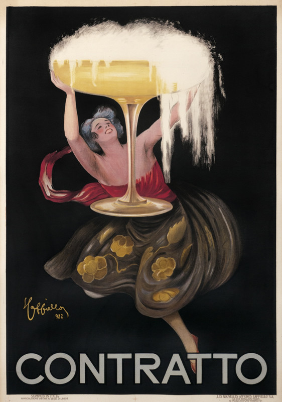 Woman holds up Champagne glass; gold, maroon, black