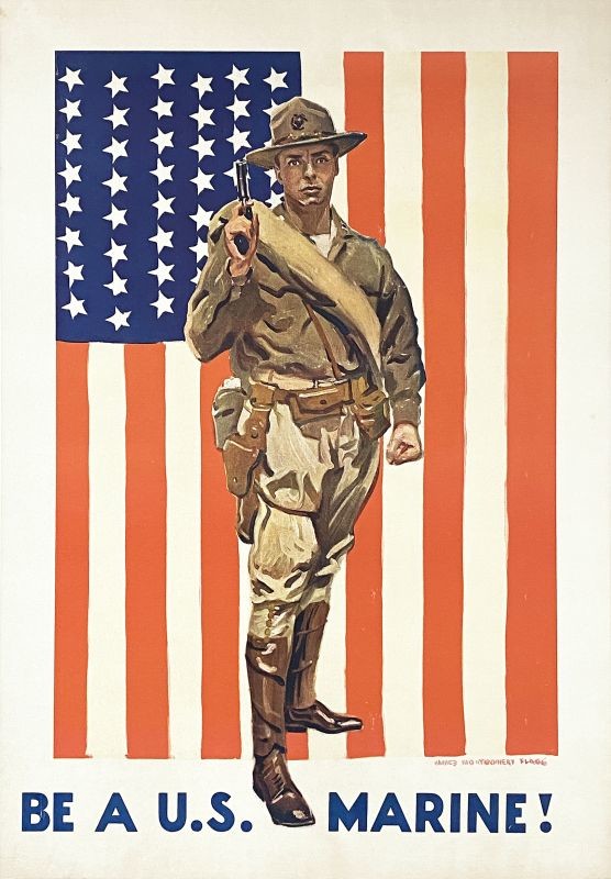 A marine in uniform with a gun drawn stands ready in front of a US flag; red, white, blue, brown