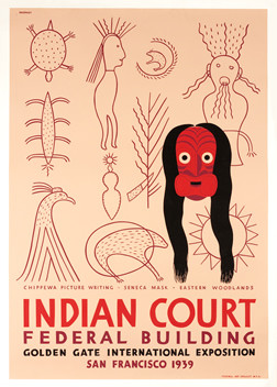 Native American pictograms, tribal mask; pink, red, black