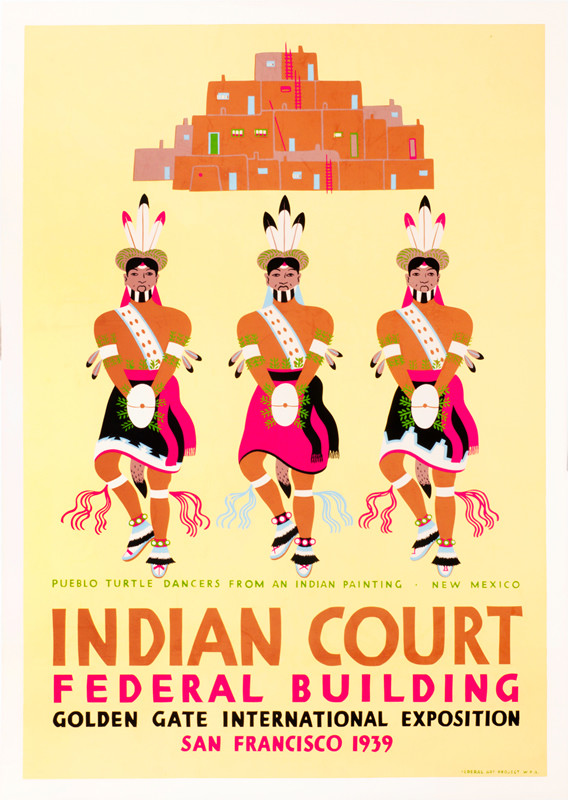 Native americans dance in front of pueblo mud huts; yellow, red, red