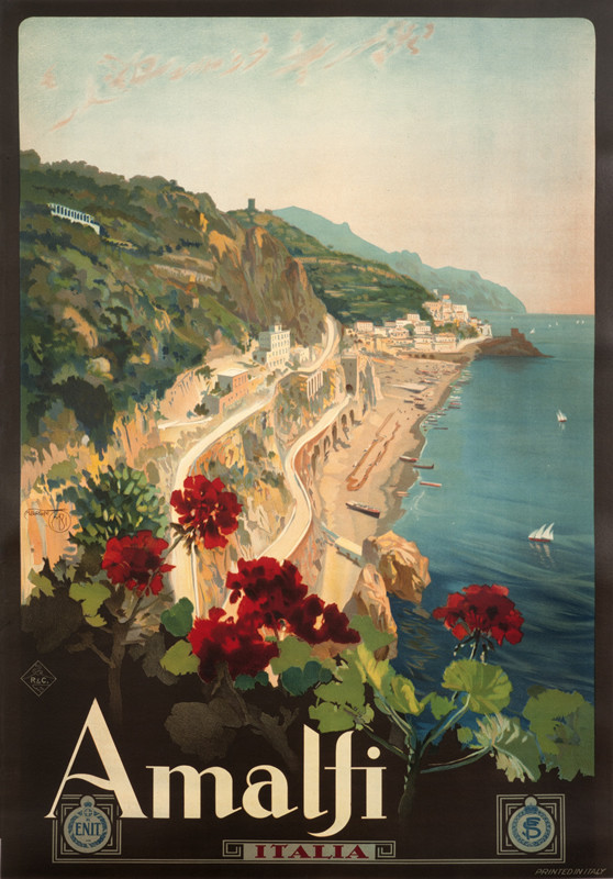 Amalfi coastline with flowers; green, white, blue, red