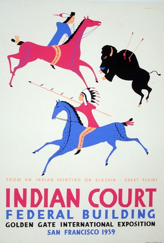 2 figures on horseback attack buffalo; blue, white, gray