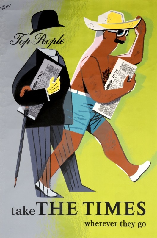 Man walks out of tuxedo and top hat into swimming trunks, holds newspaper; green, black, gray