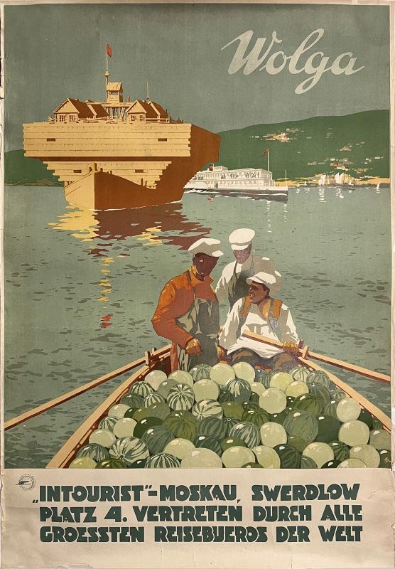 Three men rowing a boat full of watermelons; green, tan, blue